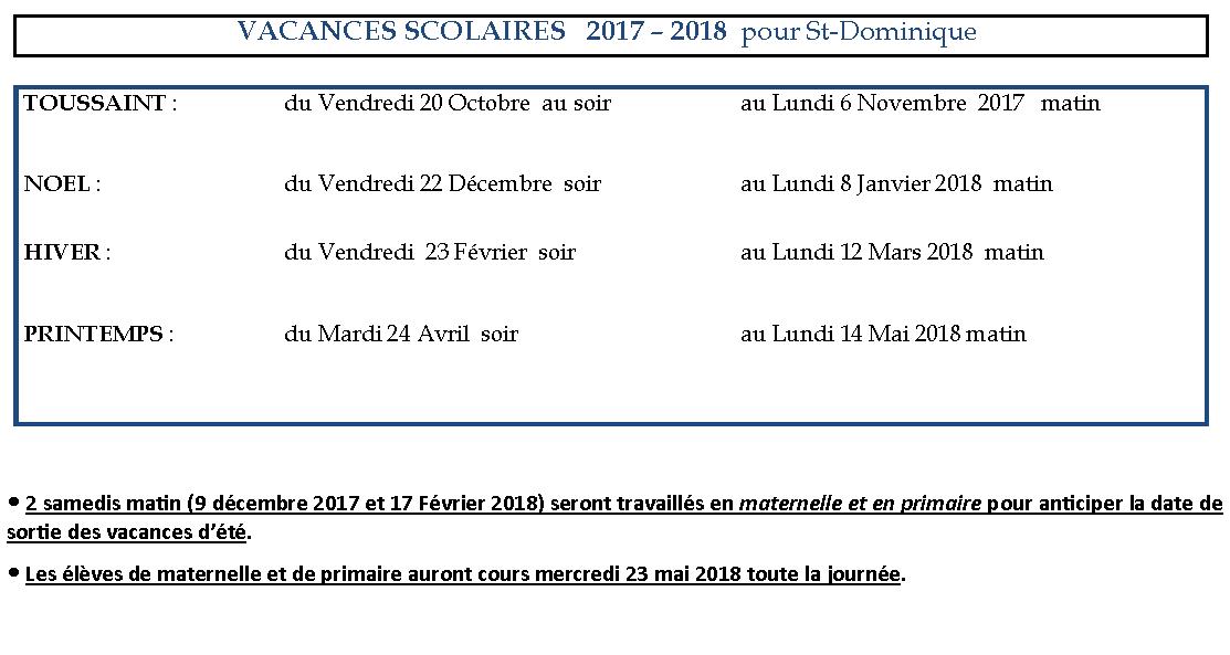 Calendrier vacances scolaires 2017 / 2018